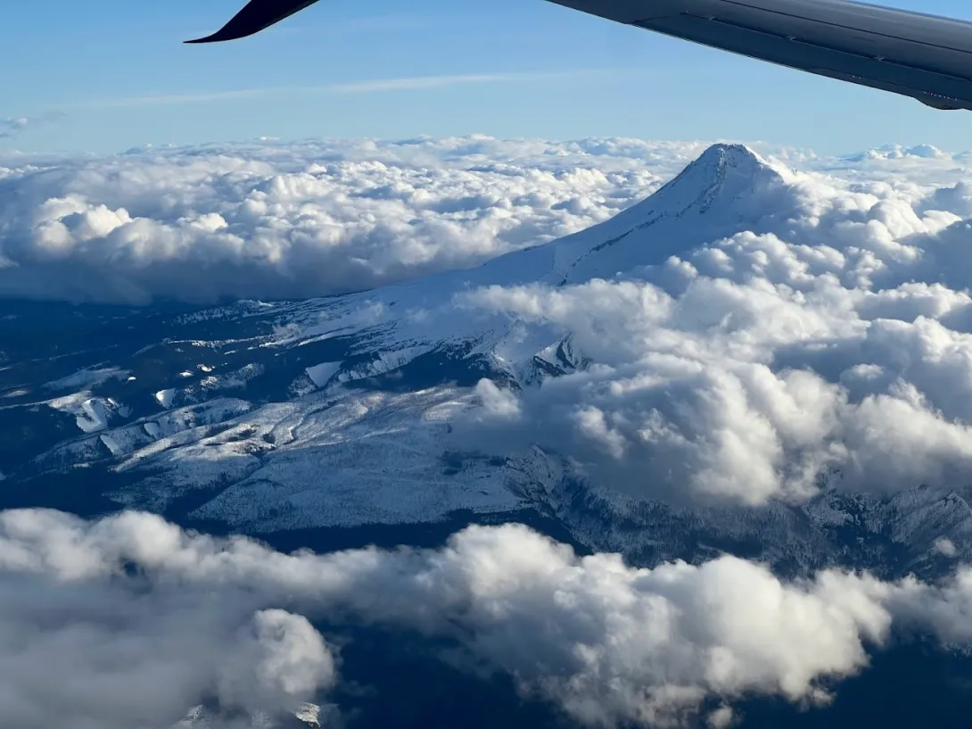 Mt Hood viewed from an airplane window