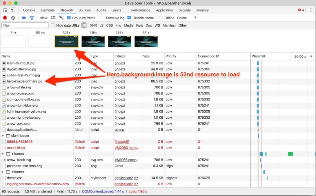 Network tab showing the hero image loading late