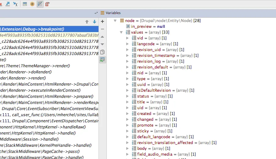 Screenshot of items within node object taken in PHPStorm