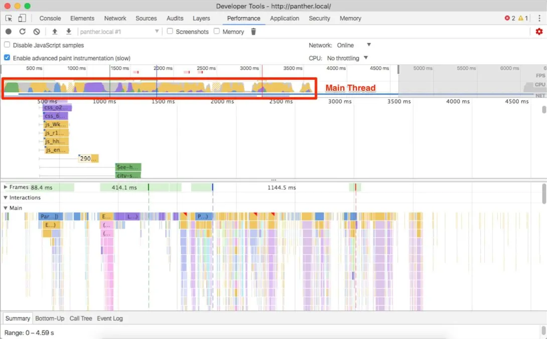 Performance tab prior to main thread optimizations