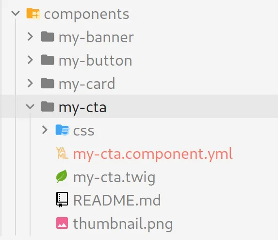 Screenshot from a code editor showing a directory with a css directory, a YML file, a Twig file, a Readme, and a thumbnail.png