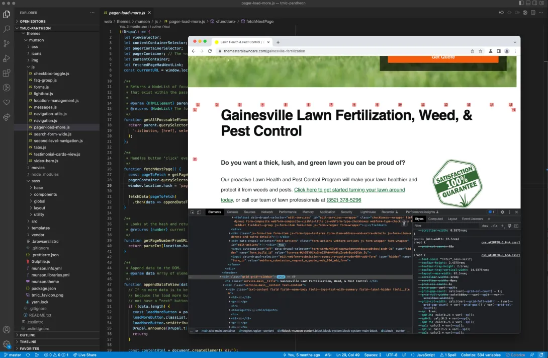 Screenshot of developer tools and website