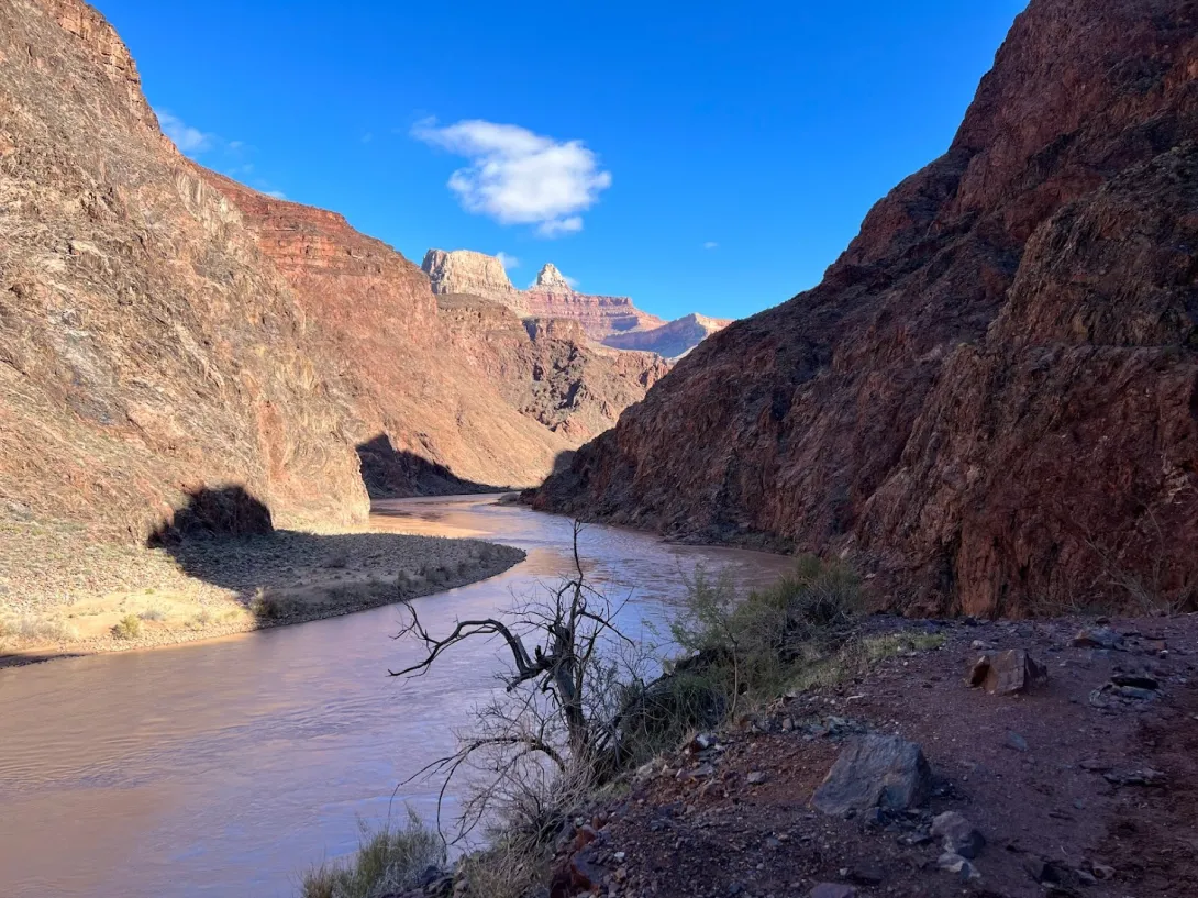 Wide muddy river zig-zagging through a canyon