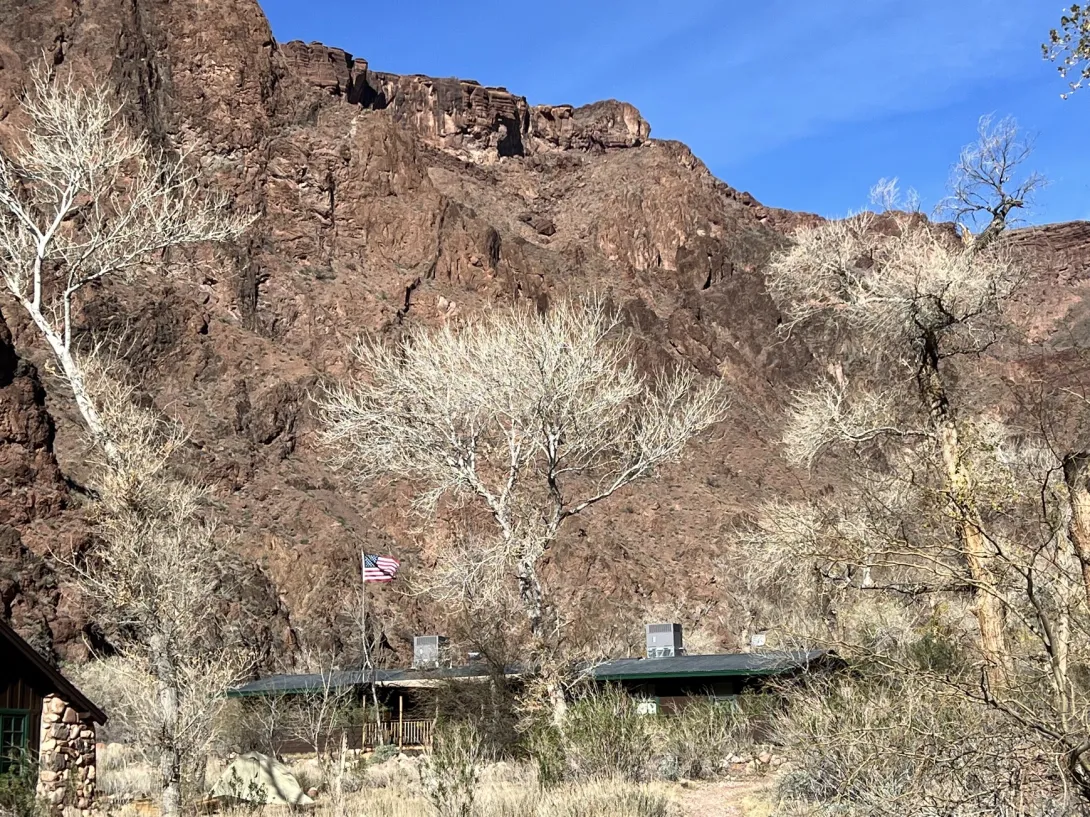 View of scraggly trees over a cabin with an american flag in front of canyon wall