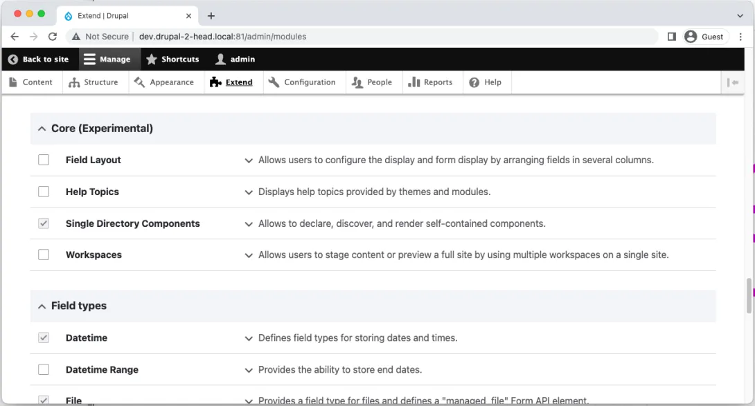 Module screen showing Single Directory Components enabled