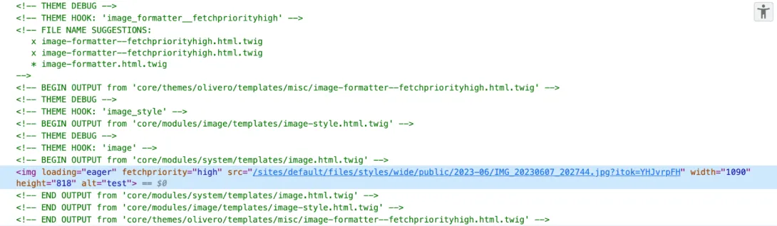 Screenshot of Twig debug showing new image formatter template and fetchpriority attribute set to high