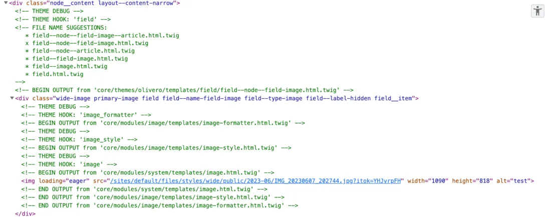 Screenshot of Twig debug output showing field template suggestion