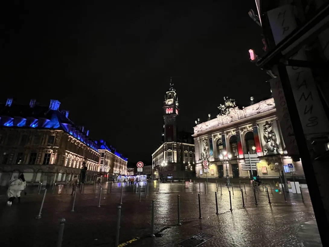 Lille lit up during a rainy night