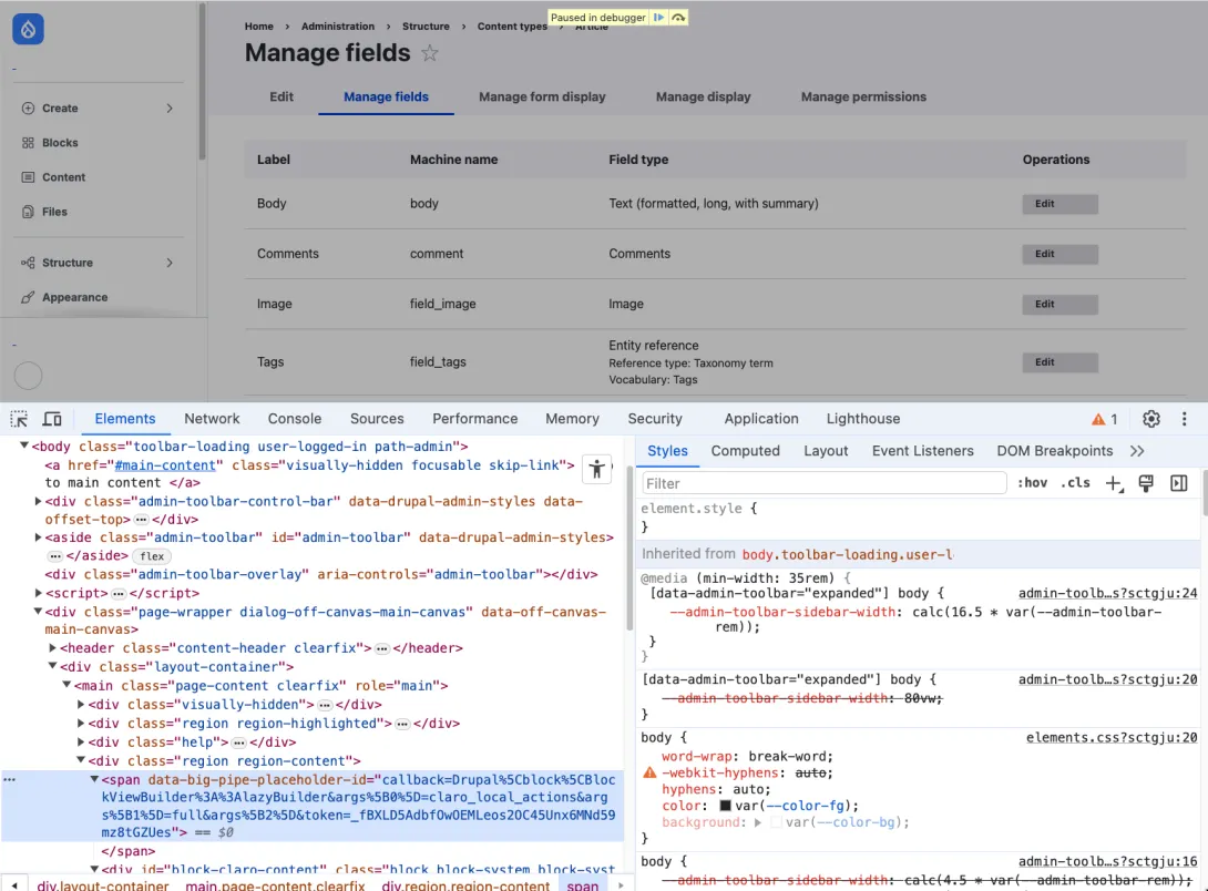 Screenshot of admin UI showing BigPipe placeholder