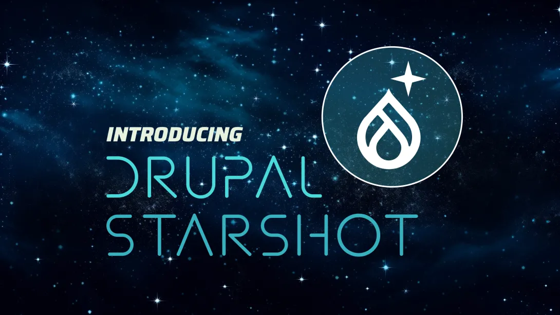 Dries’ Drupal Startshot intro slide with a star trek looking Drupal logo