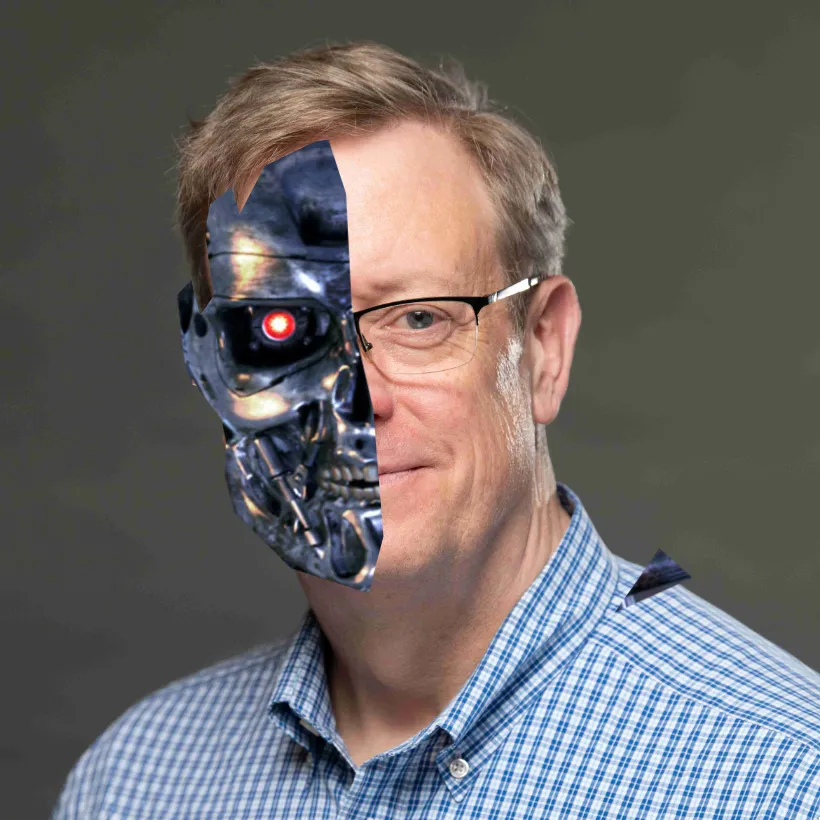 Photoshop of Tim Doyle (aka T2) with half of his face a terminator robot. The other half of him is a regular photo.