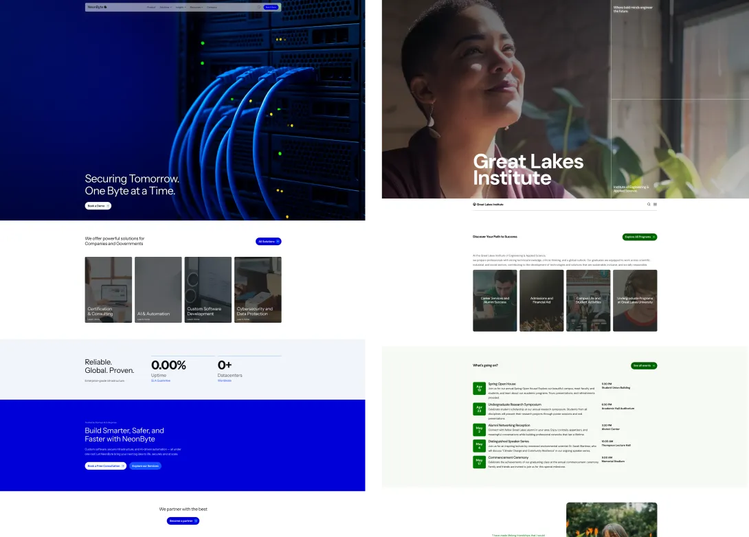 Screenshot of two theme homepages side by side