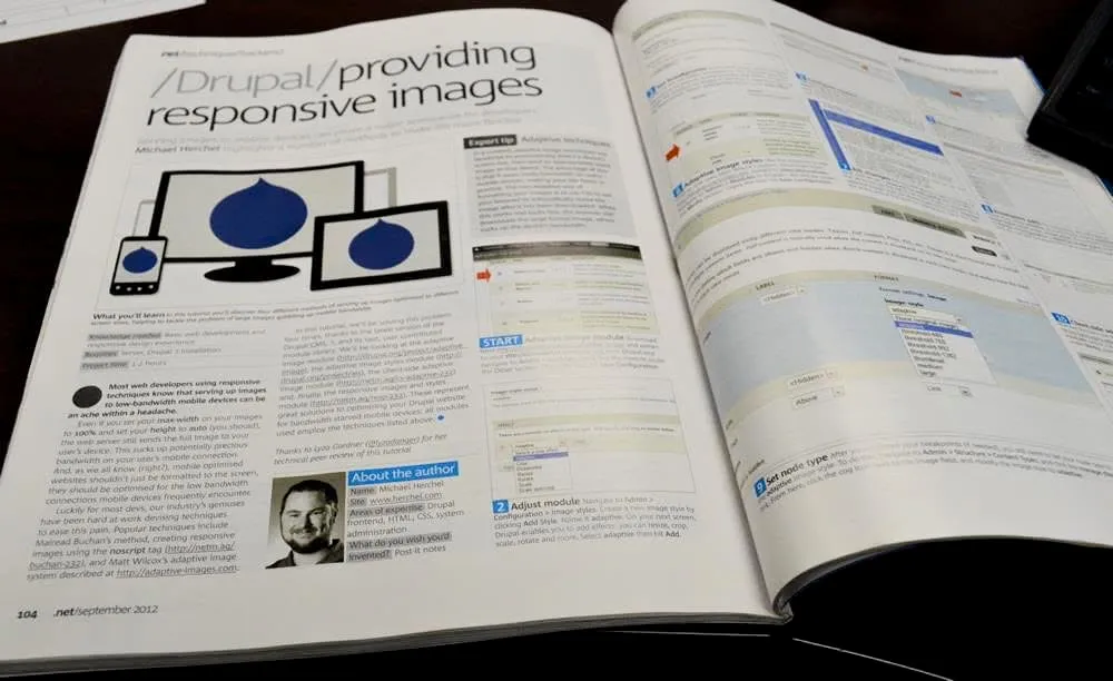 .NET Magazine from 2012 flipped open to my article on Drupal responsive images